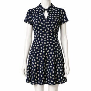 Vintage Express Navy Daisy Print Dress Collared Rayon Small